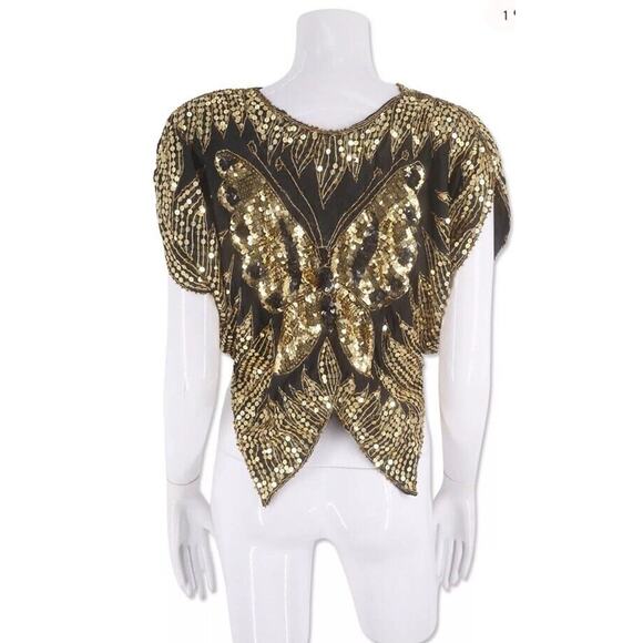 Vintage 80s Sequined Cape Butterfly Hand Sewn Shawl Poncho India Medium - Picture 1 of 13